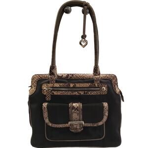 Womens Brighton Handbag Faux Python Trim Shoulder Bag Black Snakeskin Purse